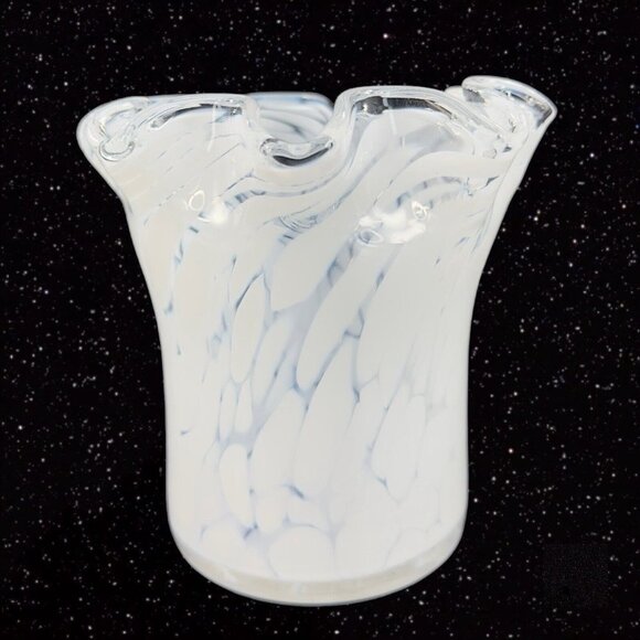 Art Glass Vase With White Specks Dots Ruffled Top Edge Glass Vase Vessel 5”T 5”W - Picture 10 of 15